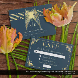 Art Deco vlinder blauw goud RSVP Notitiekaartje