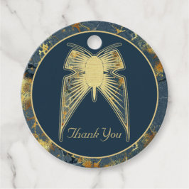 Art Deco Vlinder "Dank u" Blauw Goud Marmer Bedankjes Labels