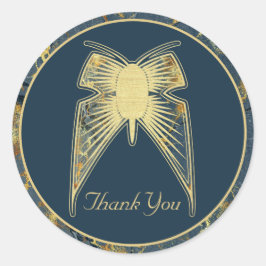 Art Deco Vlinder "Dank u" Blauw Goud Marmer Ronde Sticker