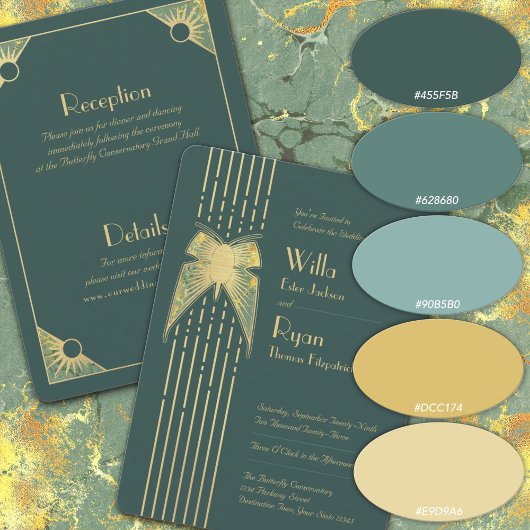 Art Deco Vlinder Groen en Gouden Bruiloft Kaart