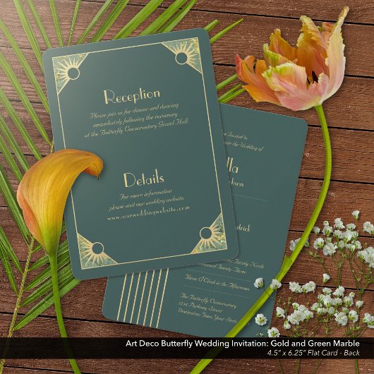 Art Deco Vlinder Groen en Gouden Bruiloft Kaart
