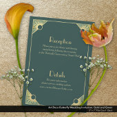 Art Deco Vlinder Groen en Gouden Bruiloft Kaart