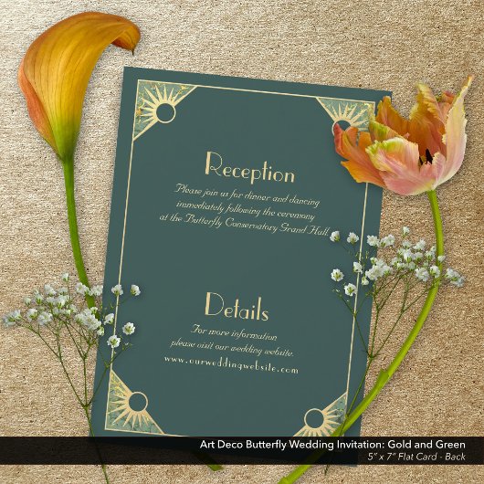 Art Deco Vlinder Groen en Gouden Bruiloft Kaart