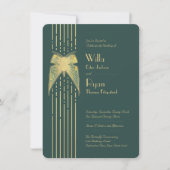 Art Deco Vlinder Groen en Gouden Bruiloft Kaart (Voorkant)