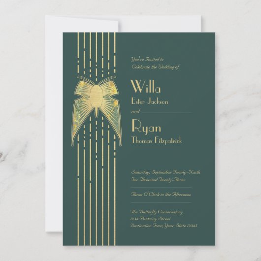Art Deco Vlinder Groen en Gouden Bruiloft Kaart (Voorkant)
