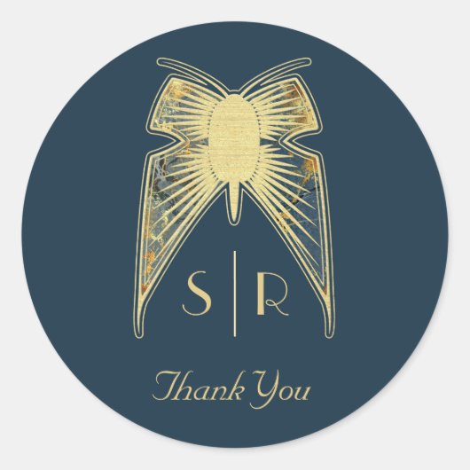 Art Deco Vlinder Monogram "Bedankt" Ronde Sticker (Voorkant)
