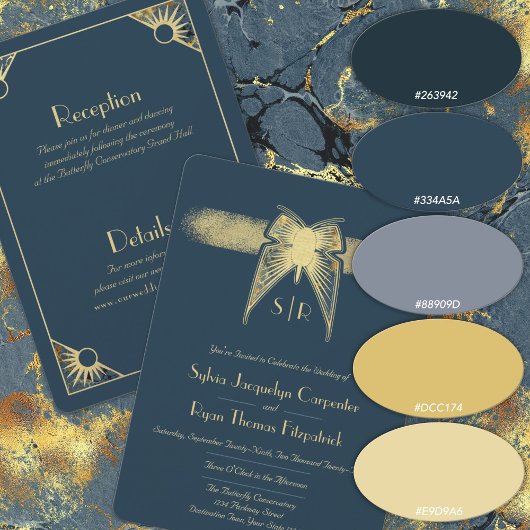 Art Deco Vlinder Monogram Blauw en Gouden Bruiloft Kaart