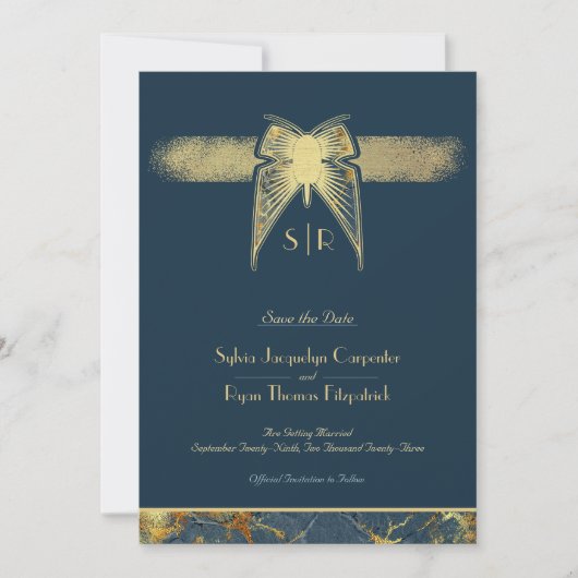 Art Deco Vlinder Monogram Blauw en Gouden Bruiloft Save The Date (Voorkant)