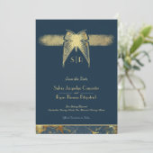 Art Deco Vlinder Monogram Blauw en Gouden Bruiloft Save The Date (Staand voorkant)