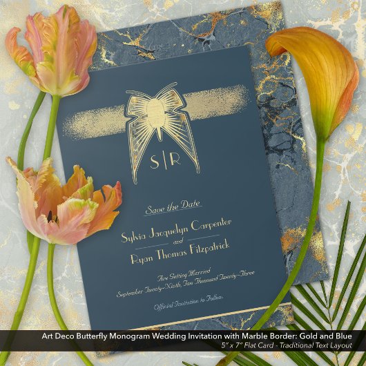 Art Deco Vlinder Monogram Blauw en Gouden Bruiloft Save The Date