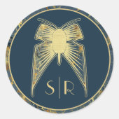 Art Deco Vlinder Monogram Blauw Goud Marmer Ronde Sticker (Voorkant)