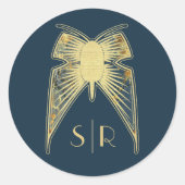 Art Deco Vlinder Monogram Blauw Goud Ronde Sticker (Voorkant)