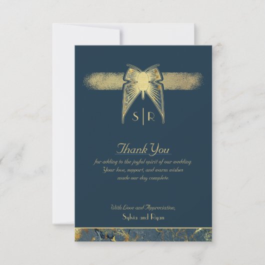 Art Deco Vlinder Monogram Foto Blauw Goud Flat Bedankkaart (Voorkant)
