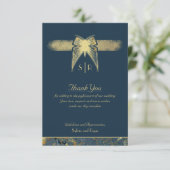 Art Deco Vlinder Monogram Foto Blauw Goud Flat Bedankkaart (Staand voorkant)