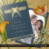 Art Deco vlinder monogram foto blauw goud Save The Date