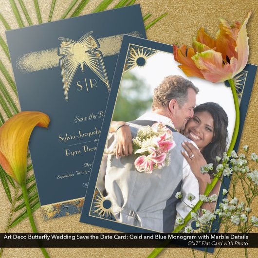 Art Deco vlinder monogram foto blauw goud Save The Date