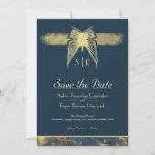 Art Deco vlinder monogram foto blauw goud Save The Date (Voorkant)