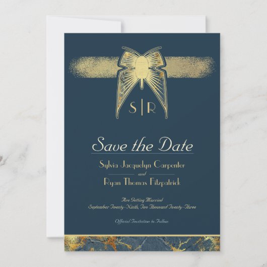 Art Deco vlinder monogram foto blauw goud Save The Date (Voorkant)