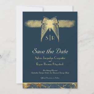 Art Deco vlinder monogram foto blauw goud Save The Date