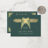 Art Deco Vlinder Monogram Groen Goud RSVP Notitiekaartje (Voorkant / Achterkant in situ)