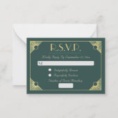 Art Deco Vlinder Monogram Groen Goud RSVP Notitiekaartje (Achterkant)