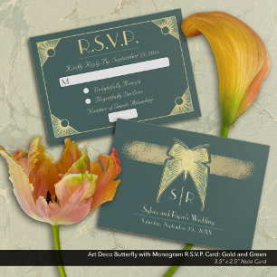 Art Deco Vlinder Monogram Groen Goud RSVP Notitiekaartje