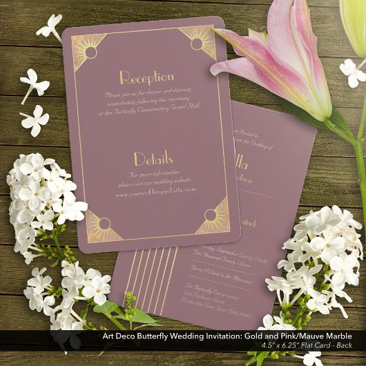 Art Deco Vlinder Roze en Gouden Bruiloft Kaart