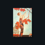 Art Deco, Vluchtige vogel van George Barbier Canvas Afdruk<br><div class="desc">illustratiekunst deco-afbeelding met een mooie vrouw van mode die een bloemenjurk draagt met haar vogel met lange staartveren in een boom. Een lege kooi waar de vogel uit ontsnapt is op de grond naast de glamoureuze dame. Flighty Bird (L'Oiseau Volage) van kunstenaar George Barbier,  1914.</div>