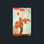Art Deco, Vluchtige vogel van George Barbier Canvas Afdruk<br><div class="desc">illustratiekunst deco-afbeelding met een mooie vrouw van mode die een bloemenjurk draagt met haar vogel met lange staartveren in een boom. Een lege kooi waar de vogel uit ontsnapt is op de grond naast de glamoureuze dame. Flighty Bird (L'Oiseau Volage) van kunstenaar George Barbier,  1914.</div>