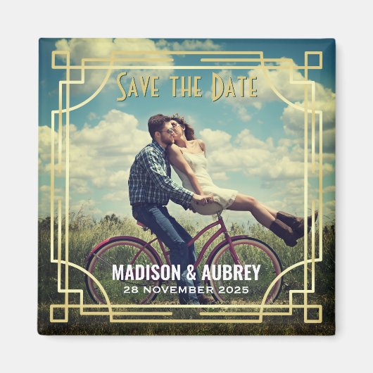 Art Deco Voeg je foto toe en sla de datum Gold Gat Magneet (Voorkant)