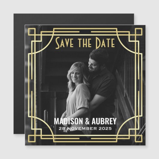 Art Deco Voeg je foto toe en sla de datum Gold Gat Magnetische Uitnodiging (Voorkant / Achterkant)