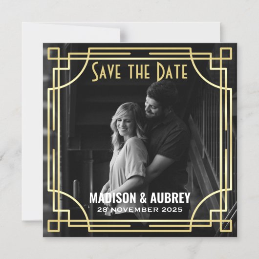 Art Deco Voeg je foto toe en sla de datum Gold Gat Magnetische Uitnodiging (Voorkant)