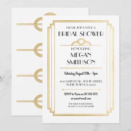 Art Deco Vrijgezellenfeest Gatsby Gold Invite 1920 Kaart (Voorkant / Achterkant)