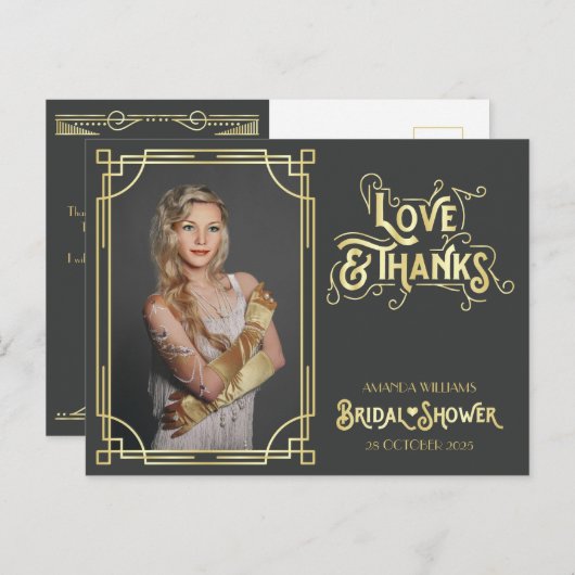 Art Deco Vrijgezellenfeest Liefde en Bedankt Uw Fo Briefkaart (Voorkant / Achterkant)