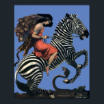 art deco vrouw die op een Zebra rust Poster<br><div class="desc">Dit is een digitaal verbeterde afdruk van een  Kunstdecoschilderij van een vrouw die op een zebra die over een slang springt rijdt. U kunt de achtergrondkleur aanpassen.</div>
