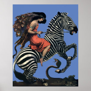 art deco vrouw die op een Zebra rust Poster