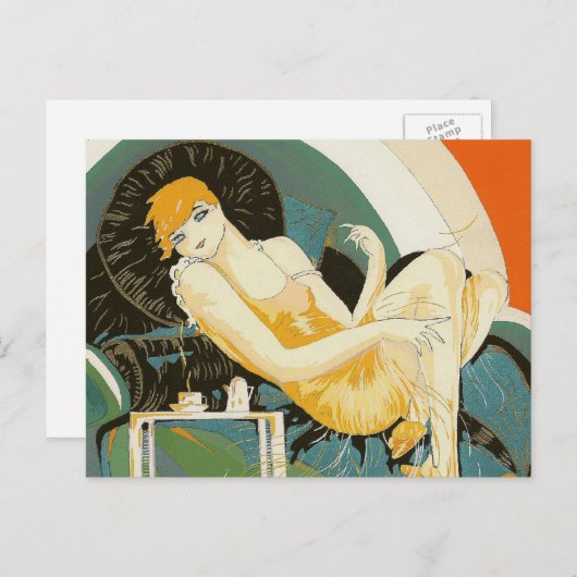 art deco-vrouw die zich richt op de bank, Chompre Briefkaart (Voorkant / Achterkant)