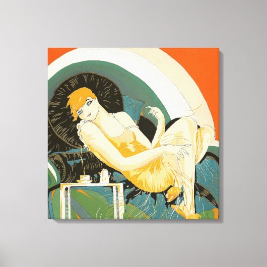 art deco-vrouw die zich richt op de bank, Chompre Canvas Afdruk (Voorkant)