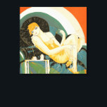 art deco-vrouw die zich richt op de bank, Chompre Canvas Afdruk<br><div class="desc">illustratie Art Deco Daily Life afbeelding met een elegante vrouw zitten en ontspannen op een bank naast een tafel met een kopje koffie en een koffiepot. De liggende vrouw van S. Chompre. "Femmes Modernes, 1926" van S. Chompré is een serie illustraties met hedendaagse vrouwen uit de jaren 1920 van Samuel...</div>