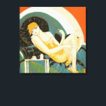 art deco-vrouw die zich richt op de bank, Chompre Canvas Afdruk<br><div class="desc">illustratie Art Deco Daily Life afbeelding met een elegante vrouw zitten en ontspannen op een bank naast een tafel met een kopje koffie en een koffiepot. De liggende vrouw van S. Chompre. "Femmes Modernes, 1926" van S. Chompré is een serie illustraties met hedendaagse vrouwen uit de jaren 1920 van Samuel...</div>