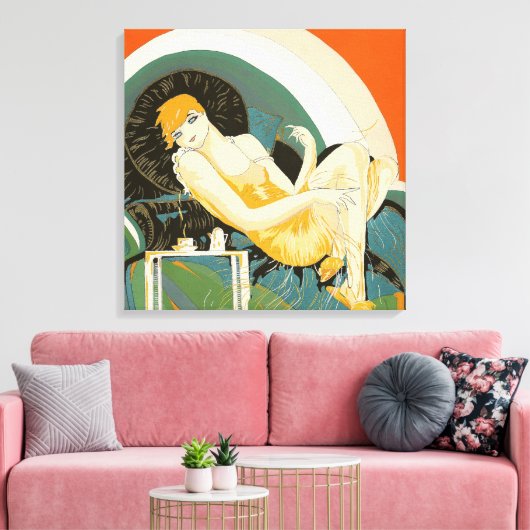 art deco-vrouw die zich richt op de bank, Chompre Canvas Afdruk (Insitu (Woonkamer))