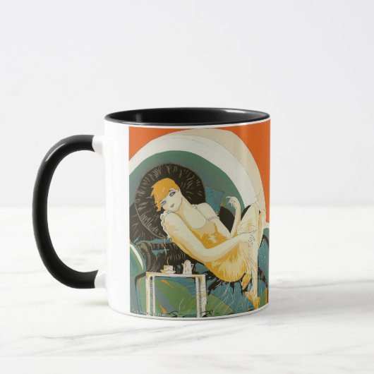 art deco-vrouw die zich richt op de bank, Chompre Mok (Links)