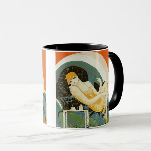  art deco-vrouw die zich richt op de bank, Chompre Mok (Voorkant rechts)