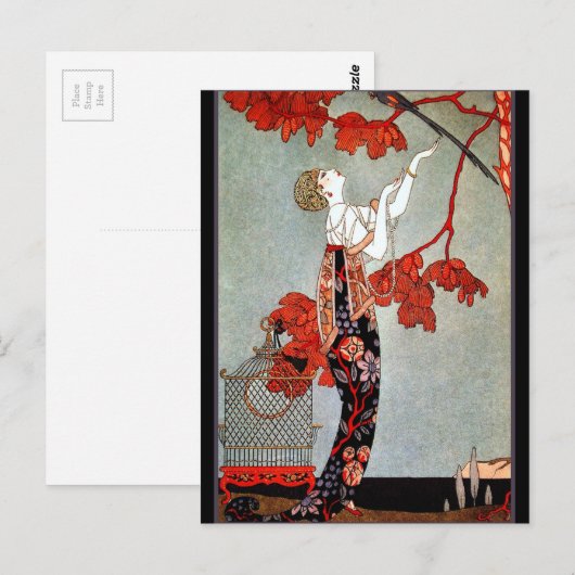 Art Deco Vrouw en de papegaai Briefkaart (Voorkant / Achterkant)