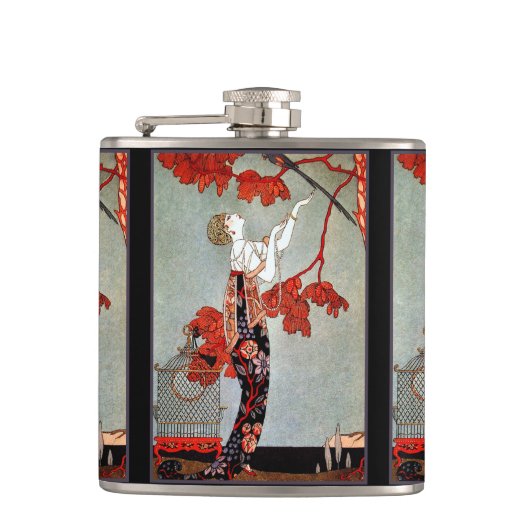 Art Deco Vrouw en de papegaai Heupfles (Voorkant)