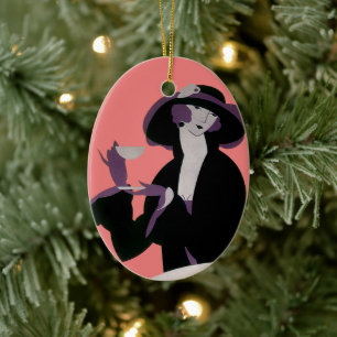 Art Deco vrouw in vintage stijl, middagthee en cup Keramisch Ornament