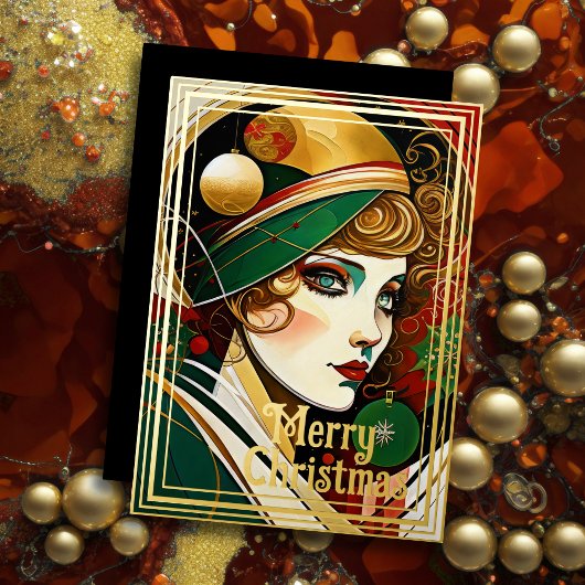 Art Deco Vrouw Kerstmis Folie Feestdagenkaart