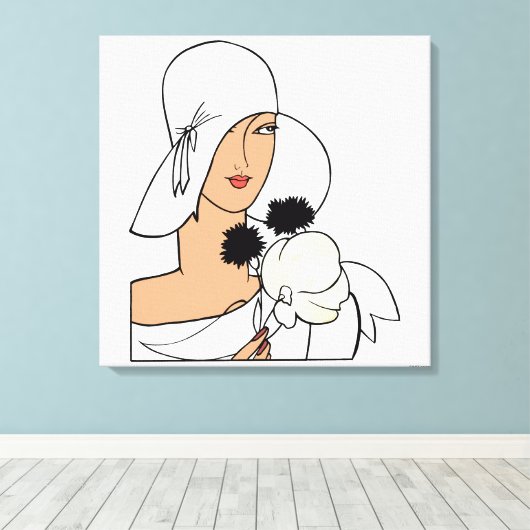  Art Deco-vrouw met bloemen die Pet C dragen Canvas Afdruk (Insitu (Houten vloer))