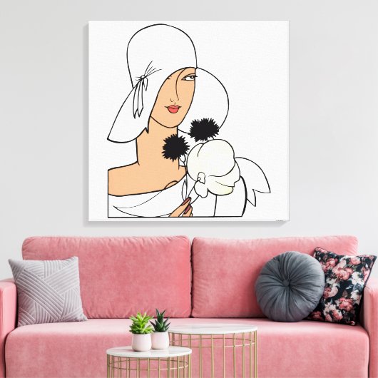  Art Deco-vrouw met bloemen die Pet C dragen Canvas Afdruk (Insitu (Woonkamer))