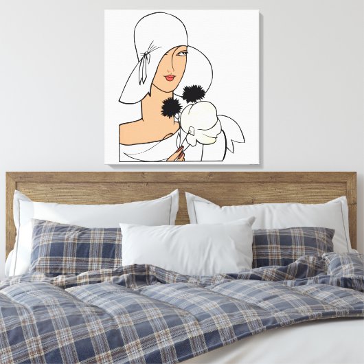 Art Deco-vrouw met bloemen die Pet C dragen Canvas Afdruk (Insitu (Slaapkamer))